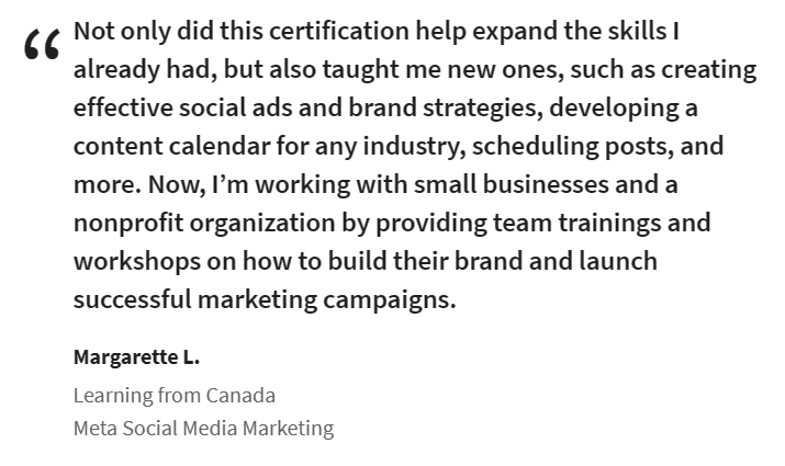 Review by Meta Social Media Marketing Course Graduate